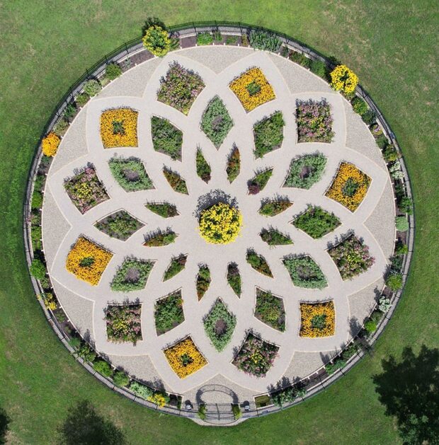 Lynn O’Shaughnessy’s circle garden, as seen from above.